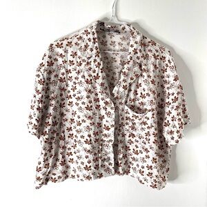Kendall & Kylie White Brown Floral Crop Button Shirt Oversized Fit Chic Trendy